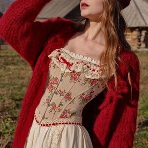 Floral Lace-Up Corset Top in Cream and Red (Rosey Christmas Cottage Corset)